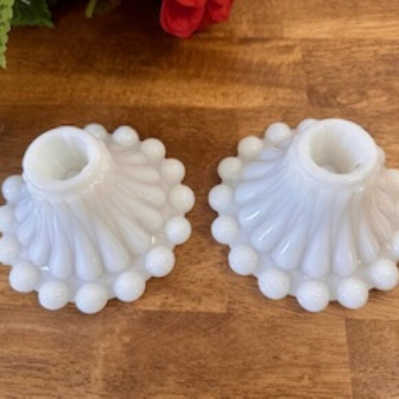 Vintage Anchor Hocking Milk Glass Boopie Candle Holders MCM Charm Beaded Base - Picture 3 of 5